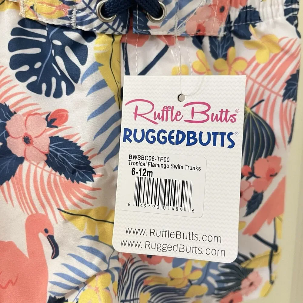 RuffleButts RuggedButts Tropical Flamingo Swim Trunks UPF 50+ Boys 6-12 Mos NWT